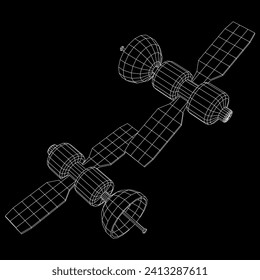 Space station communications satellite. Wireframe low poly mesh vector illustration.