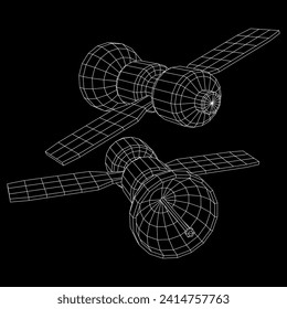 Space station communications satellite. Wireframe low poly mesh vector illustration.