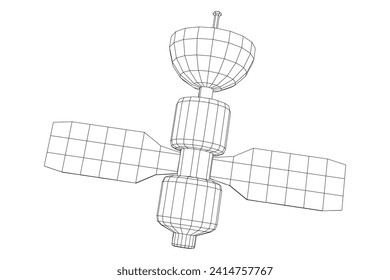 Satélite de comunicaciones de la estación espacial. Ilustración vectorial de malla baja de malla de malla de alambre.