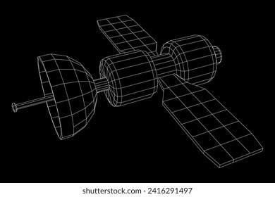 Satellit der Raumstation-Kommunikation. Wireframe Low-Poly-Mesh, Vektorgrafik.