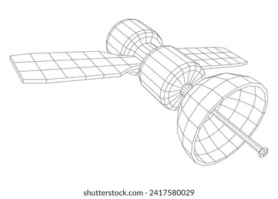 Space station communications satellite. Wireframe low poly mesh vector illustration.