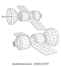 Space station communications satellite. Wireframe low poly mesh vector illustration.