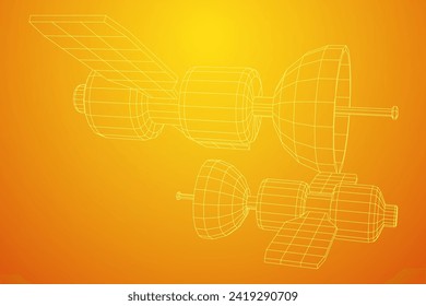Space station communications satellite. Wireframe low poly mesh vector illustration.
