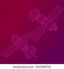 Space station communications satellite. Wireframe low poly mesh vector illustration.
