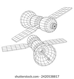 Space station communications satellite. Wireframe low poly mesh vector illustration.