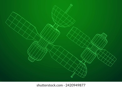 Space station communications satellite. Wireframe low poly mesh vector illustration.