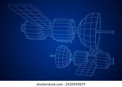 Space station communications satellite. Wireframe low poly mesh vector illustration.
