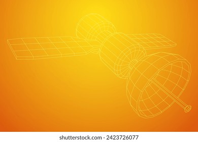 Space station communications satellite. Wireframe low poly mesh vector illustration.