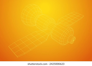 Kommunikationssatellit einer Raumstation. Drahtgitter-Vektorgrafik mit niedrigem Polynetz.