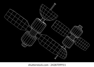 Space station communications satellite. Wireframe low poly mesh vector illustration.