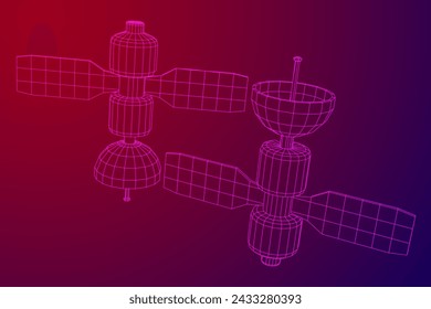 Space station communications satellite. Wireframe low poly mesh vector illustration.