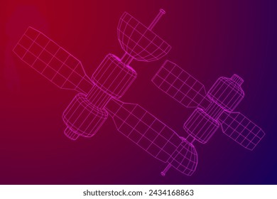 Satélite de comunicaciones de la estación espacial. Ilustración vectorial de malla de polietileno baja.