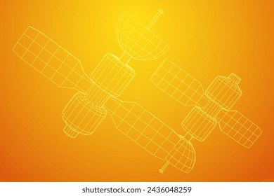 Space station communications satellite. Wireframe low poly mesh vector illustration.