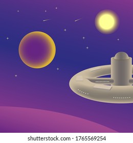 A space station floating near an unknown planet in the void of outer space.