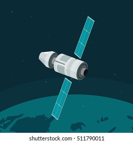 Space station flying on earth orbit vector illustration, flat spaceship station on space background, cosmic ship