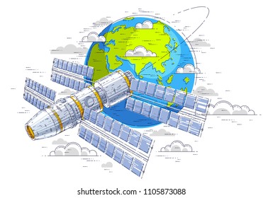 Space station flying orbital flight around earth, spacecraft spaceship iss with solar panels, artificial satellite. Thin line 3d vector illustration.