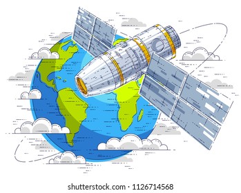 Space station flying orbital flight around earth, spacecraft spaceship iss with solar panels, artificial satellite. Thin line 3d vector illustration.