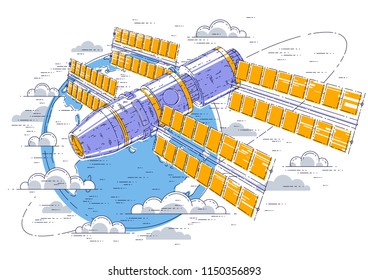 Space station flying orbital flight around earth, spacecraft spaceship iss with solar panels, artificial satellite. Thin line 3d vector illustration.