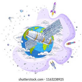 Space station flying orbital flight around earth, spacecraft spaceship iss with solar panels, artificial satellite, with rockets, stars and other elements. Thin line 3d vector illustration.
