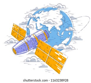 Space station flying orbital flight around earth, spacecraft spaceship iss with solar panels, artificial satellite. Thin line 3d vector illustration.