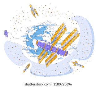 Space station flying orbital flight around earth, spacecraft spaceship iss with solar panels, artificial satellite, with rockets, stars and other elements. Thin line 3d vector illustration.
