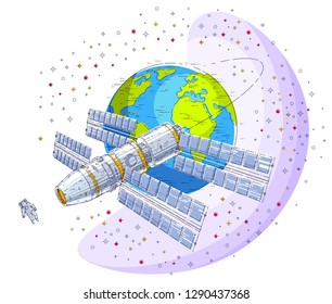 Space station flying orbital flight around earth, spacecraft spaceship iss with solar panels, artificial satellite, surrounded by stars and other elements. Thin line 3d vector illustration.