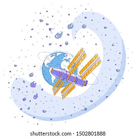 Space station flying orbital flight around earth, spacecraft spaceship iss with solar panels, artificial satellite, with asteroids, stars and other elements. Thin line 3d vector illustration.