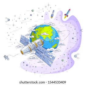 Space station flying orbital flight around earth, spacecraft spaceship iss with solar panels, artificial satellite, with rockets, stars and other elements. Thin line 3d vector illustration.