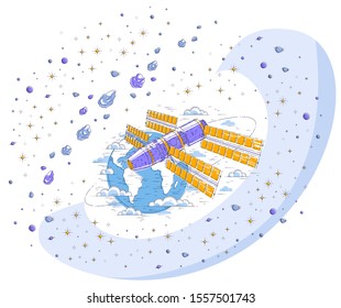 Space station flying orbital flight around earth, spacecraft spaceship iss with solar panels, artificial satellite, with asteroids, stars and other elements. Thin line 3d vector illustration.