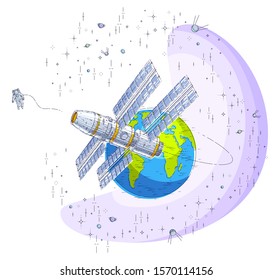 Space station flying orbital flight around earth, spacecraft spaceship iss with solar panels, artificial satellite, surrounded by stars and other elements. Thin line 3d vector illustration.