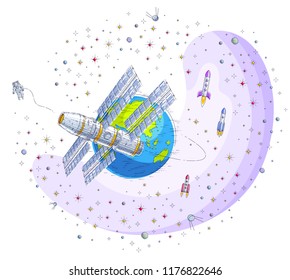 Space station flying orbital spaceflight around earth, spacecraft spaceship iss with solar panels, artificial satellite, with rockets, stars and other elements. Thin line 3d vector illustration.