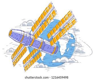 Space station flying orbital spaceflight around earth, spacecraft spaceship iss with solar panels, artificial satellite. Thin line 3d vector illustration.
