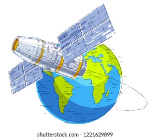 Space station flying orbital spaceflight around earth, spacecraft spaceship iss with solar panels, artificial satellite. Thin line 3d vector illustration.