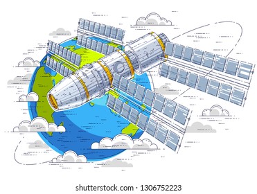 Space station flying orbital spaceflight around earth, spacecraft spaceship iss with solar panels, artificial satellite. Thin line 3d vector illustration.