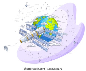 Space station flying orbital spaceflight around earth, spacecraft spaceship iss with solar panels, artificial satellite, surrounded by stars and other elements. Thin line 3d vector illustration.