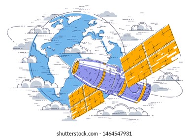 Space station flying orbital spaceflight around earth, spacecraft spaceship iss with solar panels, artificial satellite. Thin line 3d vector illustration.