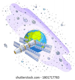 Space station flying orbital spaceflight around earth, spacecraft spaceship iss with solar panels, artificial satellite, under asteroid rain and stars. Thin line 3d vector illustration.