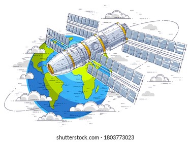 Estación espacial que vuela un vuelo espacial orbital alrededor de la Tierra, nave espacial con paneles solares, satélite artificial. Ilustración vectorial de línea delgada 3d.