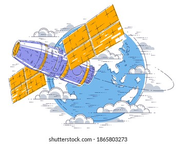 Estación espacial que vuela un vuelo espacial orbital alrededor de la Tierra, nave espacial con paneles solares, satélite artificial. Ilustración vectorial de línea delgada 3d.