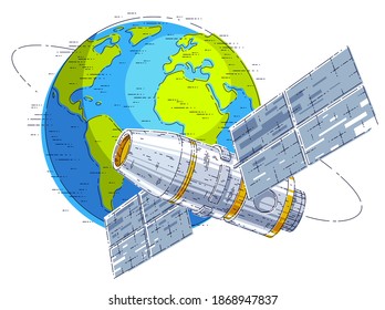 Space station flying orbital spaceflight around earth, spacecraft spaceship iss with solar panels, artificial satellite. Thin line 3d vector illustration.