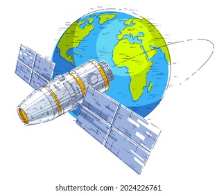 Estación espacial que vuela un vuelo espacial orbital alrededor de la Tierra, nave espacial con paneles solares, satélite artificial. Ilustración vectorial de línea delgada 3d.