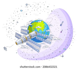 Space station flying orbital spaceflight around earth, spacecraft spaceship iss with solar panels, artificial satellite, surrounded by stars and other elements. Thin line 3d vector illustration.