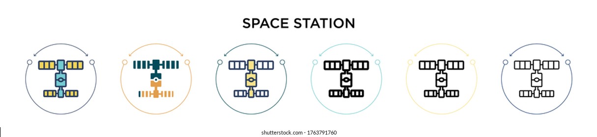 Space station icon in filled, thin line, outline and stroke style. Vector illustration of two colored and black space station vector icons designs can be used for mobile, ui, web