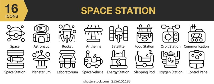 Space Station icon set. Includes anthena, satellite, orbit, sleeping pod, vehicle, oxygen, communication, and More. Outline icons vector collection.