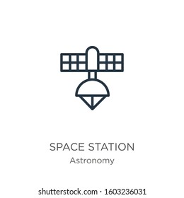 Space station icon. Thin linear space station outline icon isolated on white background from astronomy collection. Line vector sign, symbol for web and mobile