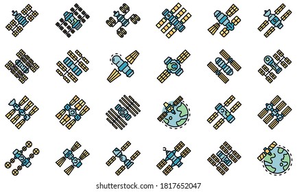 Space Station Icons Set. Outline Set Of Space Station Vector Icons Thin Line Color Flat On White