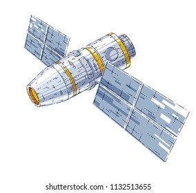 Space station iss floating in weightlessness in open space, spacecraft artificial satellite, science and technology. Thin line 3d vector illustration isolated on white background.