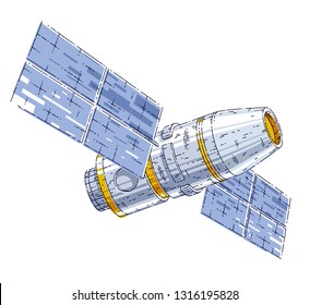 Space station iss floating in weightlessness in open space, spacecraft artificial satellite, science and technology. Thin line 3d vector illustration isolated on white background.