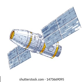 Space station iss floating in weightlessness in open space, spacecraft artificial satellite, science and technology. Thin line 3d vector illustration isolated on white background.