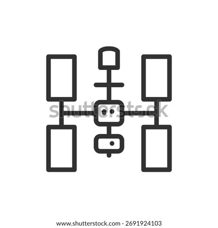 Space station, linear icon. Orbiting research lab with solar panels. Line with editable stroke.